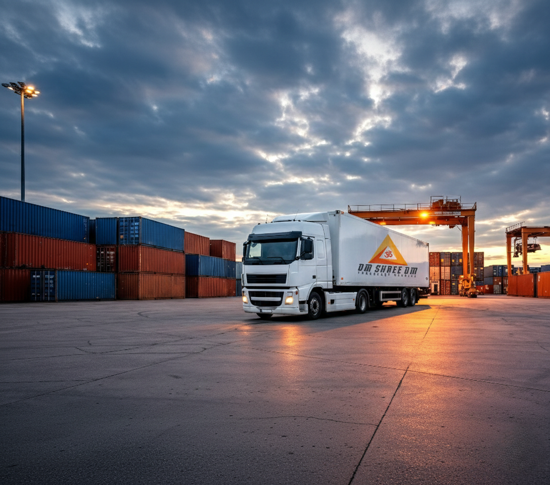 Om Shree Om Transport white truck at shipping container terminal