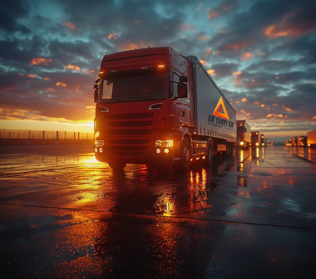 Om Shree Om Transport Service truck parked at logistics yard at dusk